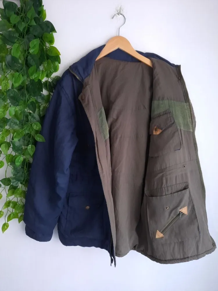 casaco masculino dupla face acolchoado azul marinho e verde
