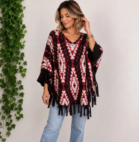 suéter poncho de lã boliviano estampado rosa com preto
