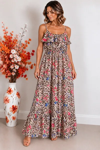 vestido longo estampado animal print floral p