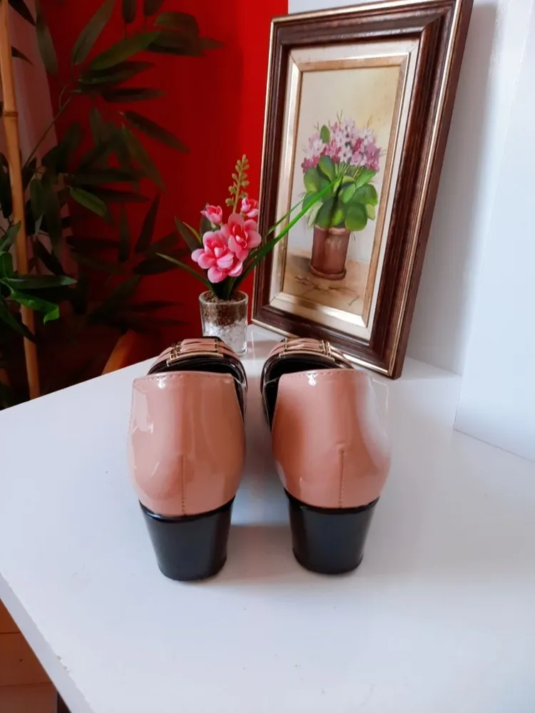 sapato lilha shoes salto bloco bico quadrado preto bege