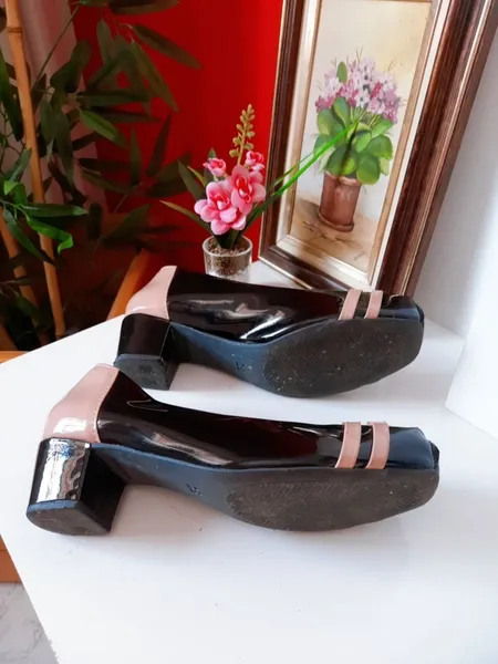 sapato lilha shoes salto bloco bico quadrado preto bege