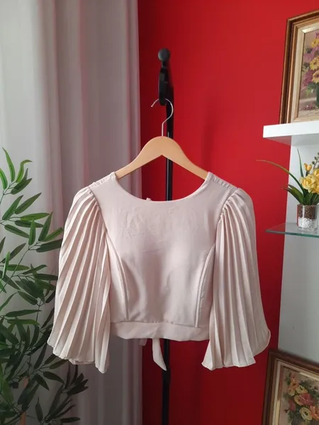 cropped plissado bege m