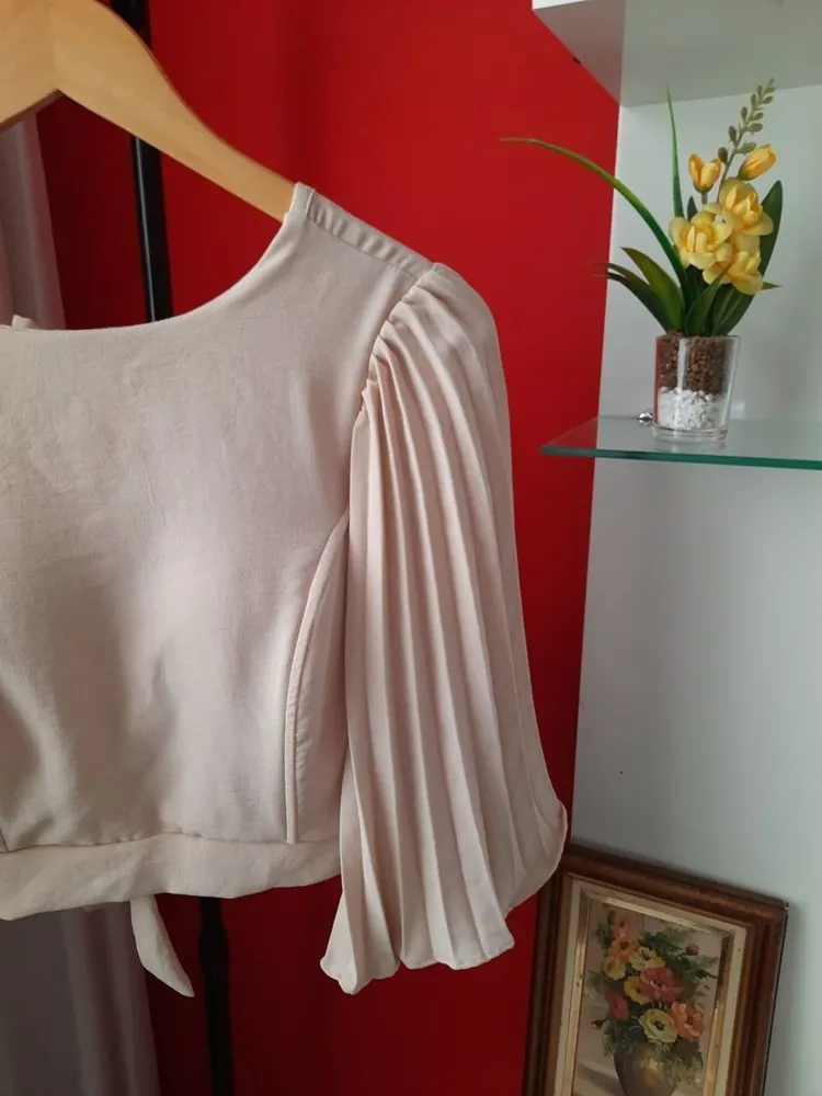cropped plissado bege m