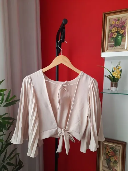 cropped plissado bege m