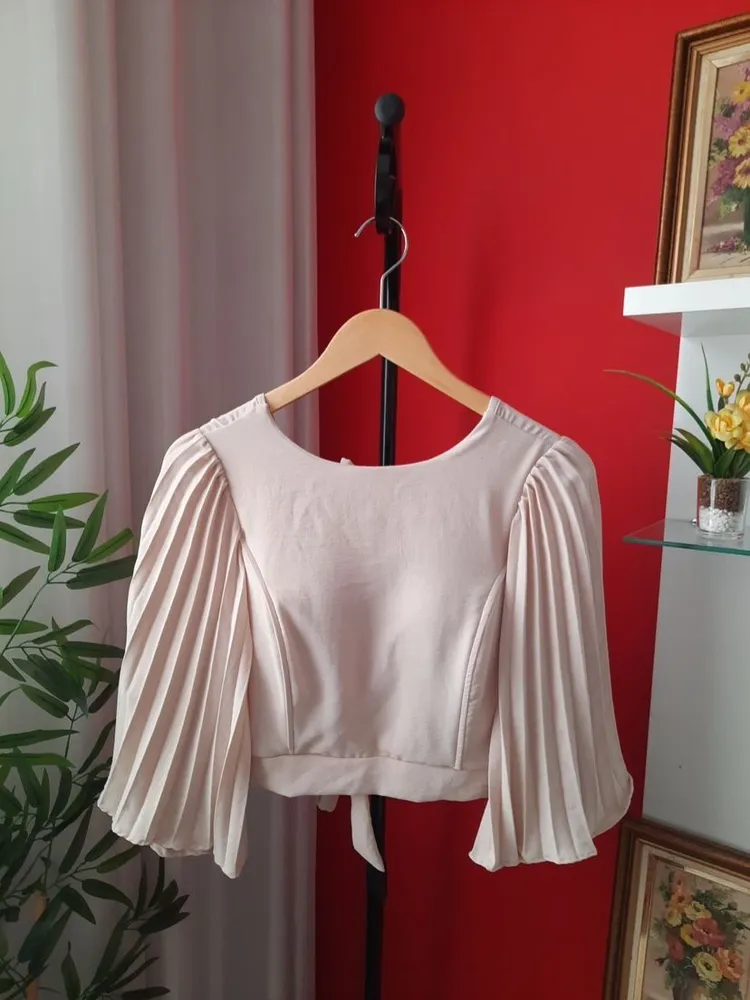 cropped plissado bege m