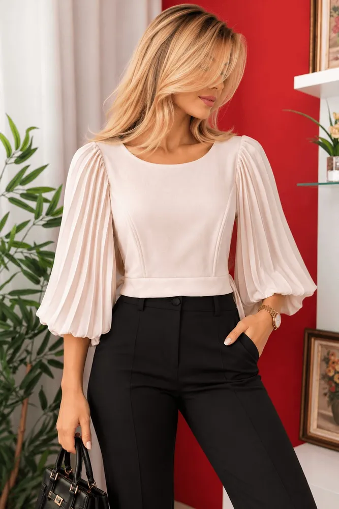 cropped plissado bege m