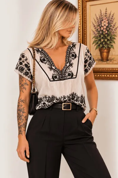 blusa zara bordada branca e preta m