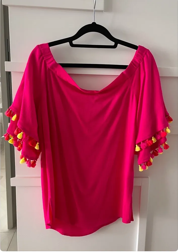 Linda blusa Shoulder pink mangas curtas duplas