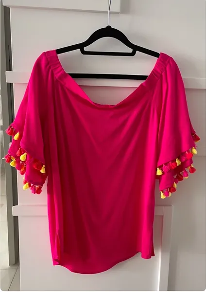 Linda blusa Shoulder pink mangas curtas duplas