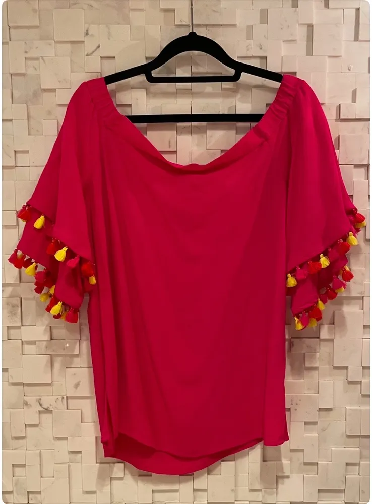 Linda blusa Shoulder pink mangas curtas duplas