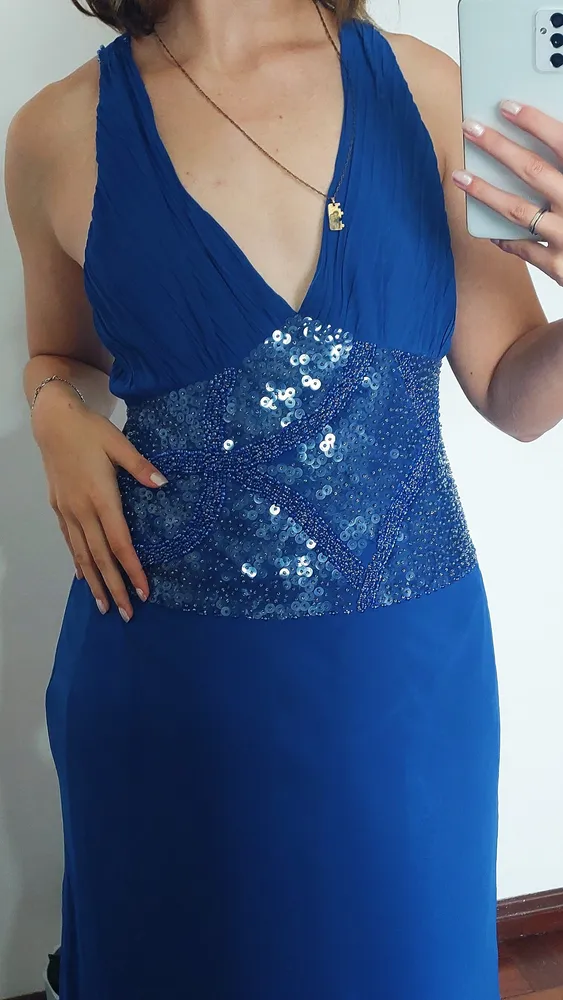 Vestido de festa Marilyn Monroe midi royal com paetê