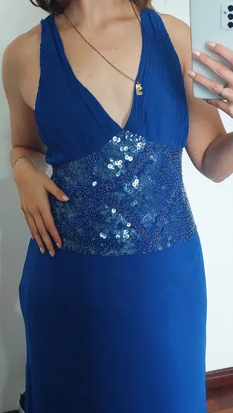 Vestido de festa Marilyn Monroe midi royal com paetê