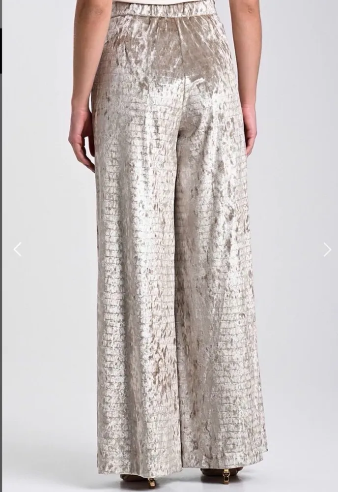 Calça pantalona em veludo bege, M, Carmen Steffens