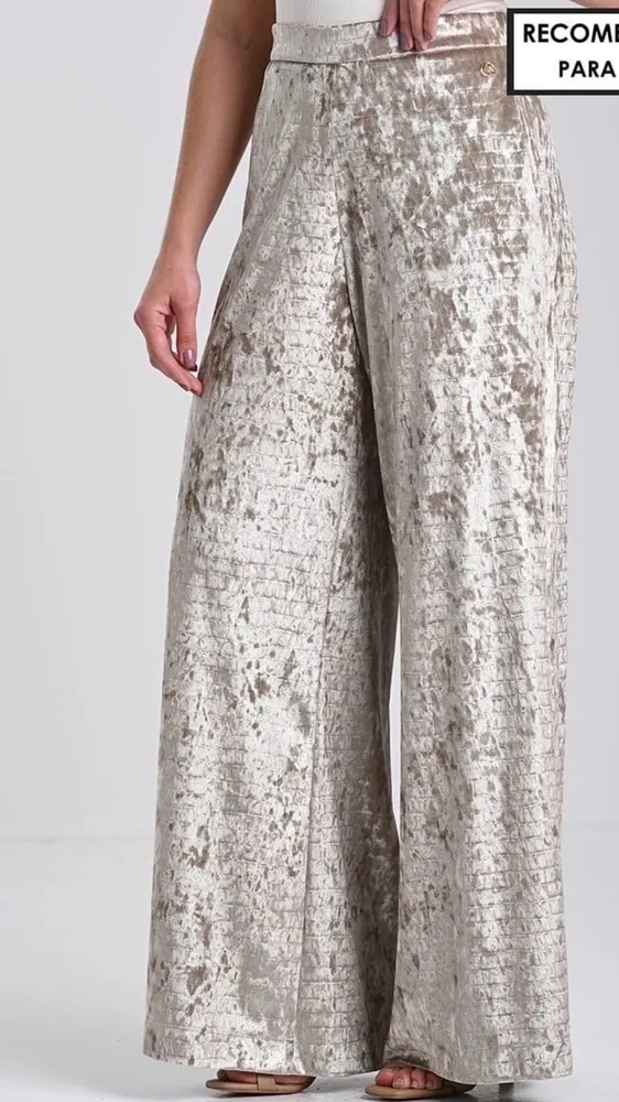 Calça pantalona em veludo bege, M, Carmen Steffens