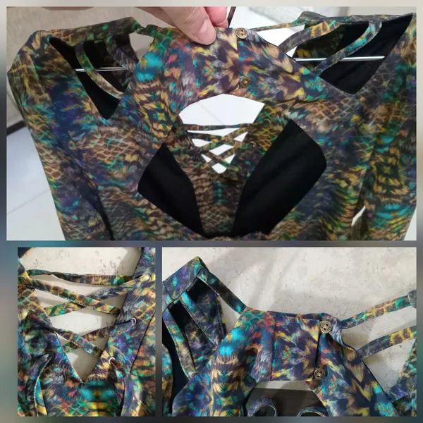 Macaquinho animal print cobra costas Recorte frente lace up