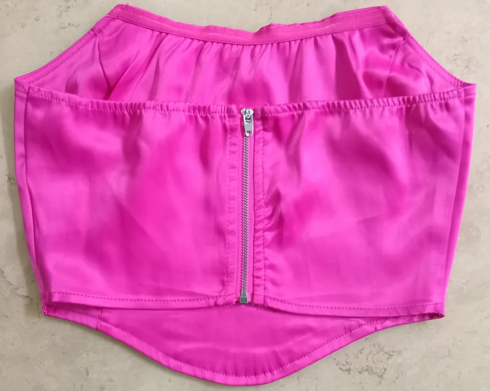 top cropped corselet tomara que caia rosa pink acetinado PP