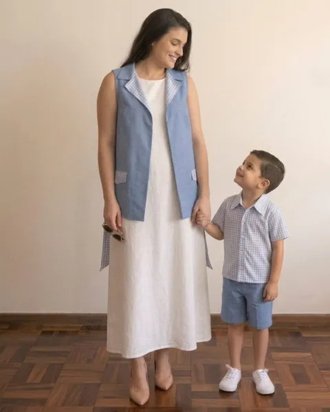 colete fem e camisa infantil xadrez azul tal mae e filho