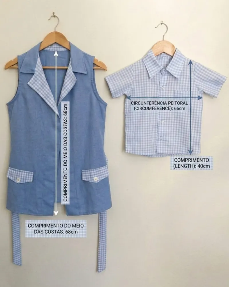 colete fem e camisa infantil xadrez azul tal mae e filho