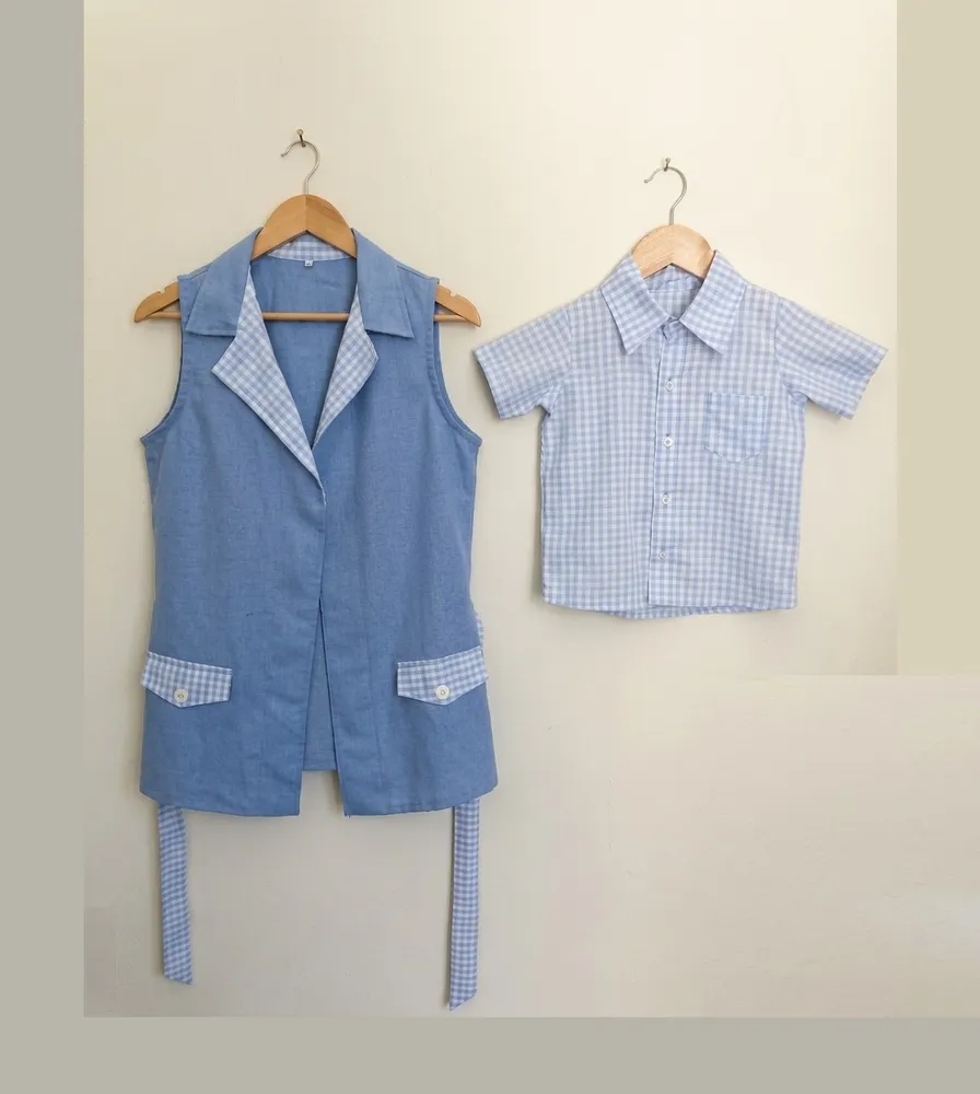colete fem e camisa infantil xadrez azul tal mae e filho