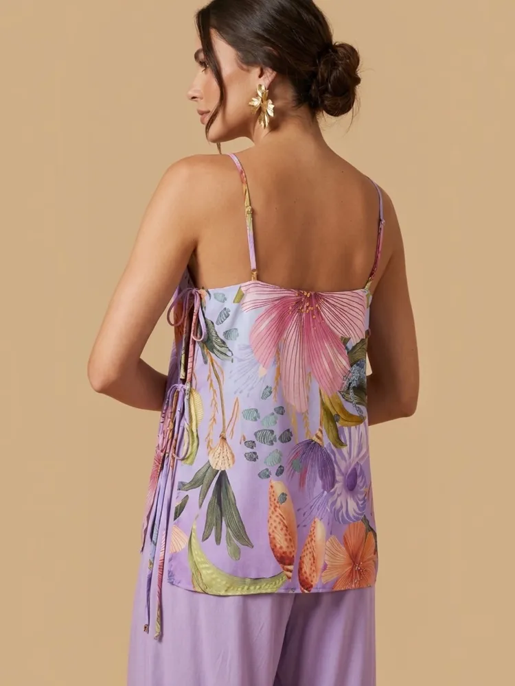 blusa farm nova c/ tag lilás floral com amarração p