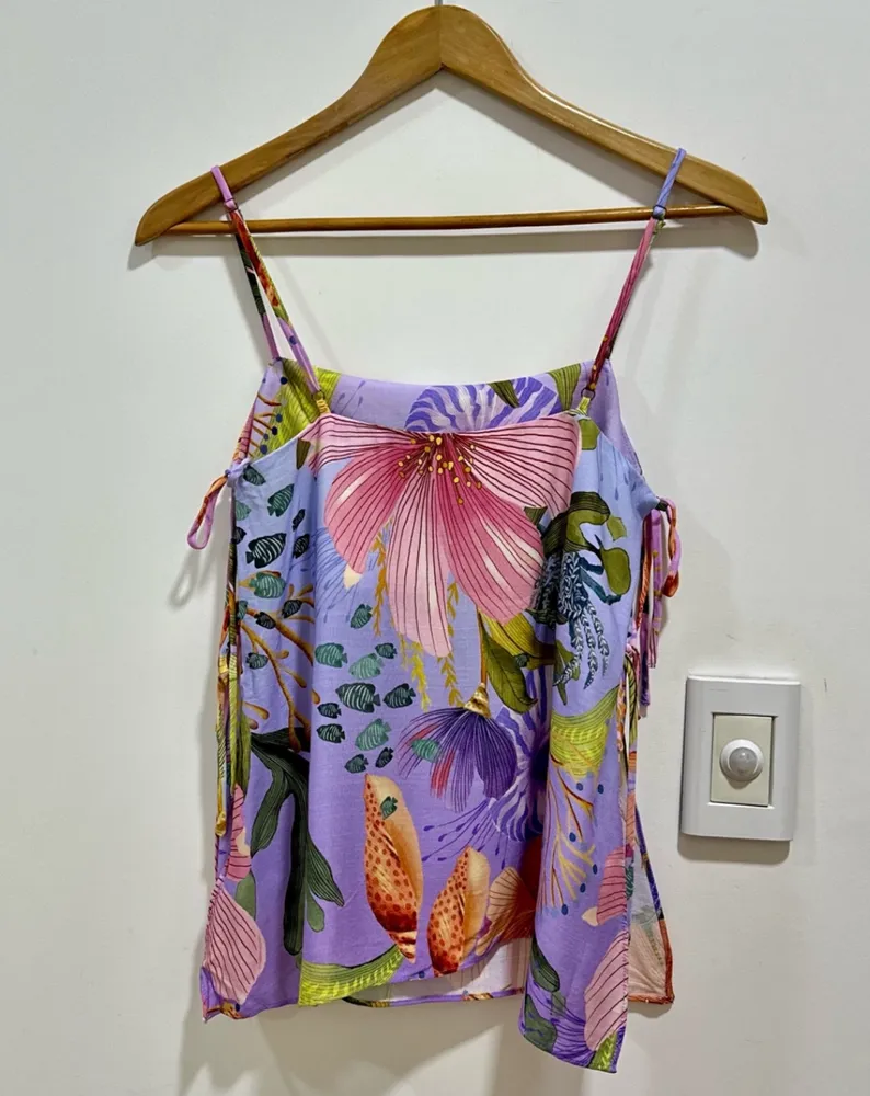 blusa farm nova c/ tag lilás floral com amarração p
