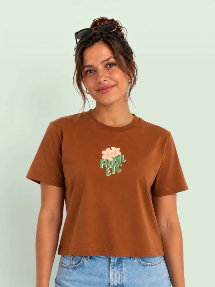 t-shirt farm nova c/ tag. camiseta t-shirt m. cor amêndoa