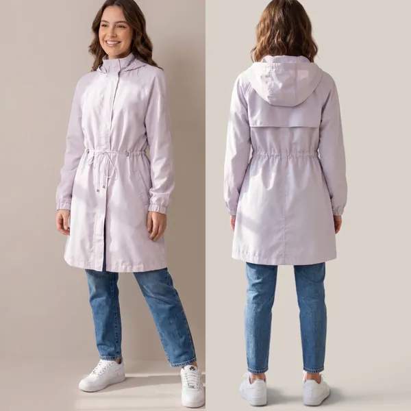 parca lilás claro corta-vento tamanho único com gorro. parka
