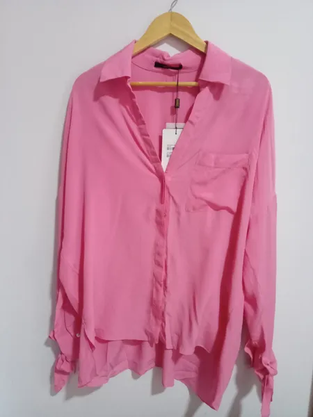 Camisa Animale seda rosa com babados tam 40