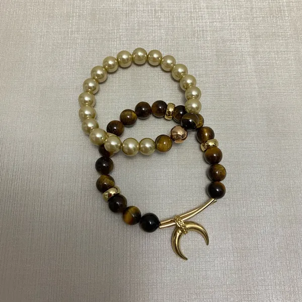 Duo de pulseira com pedra olho de tigre e pérola