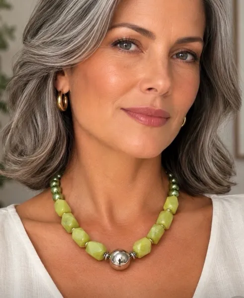 Colar com pedra natural jade amarela e pingente prateado