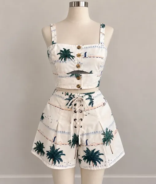 Top cropped e shorts estampa coqueiros tropical