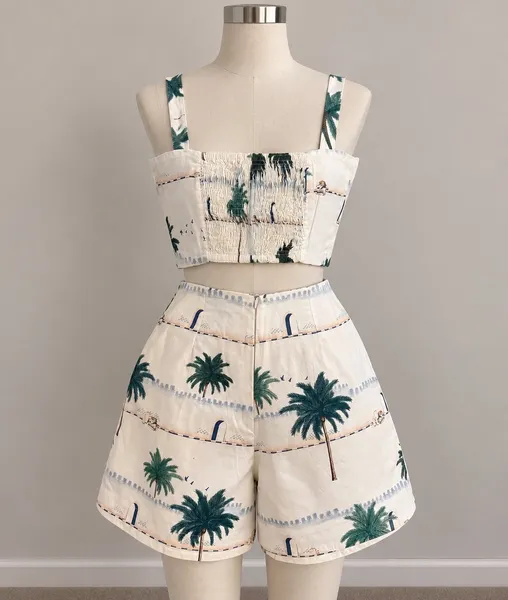 Top cropped e shorts estampa coqueiros tropical
