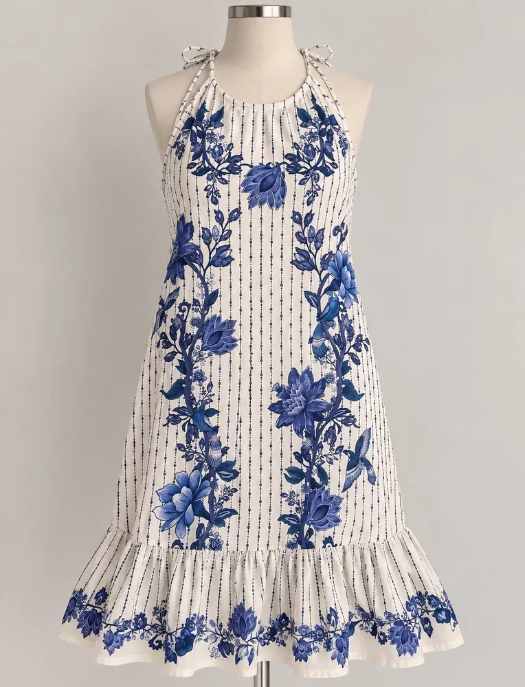 vestido floral azul e branco da marca farm - tamanho pp