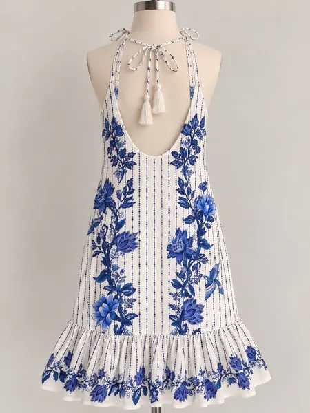 vestido floral azul e branco da marca farm - tamanho pp