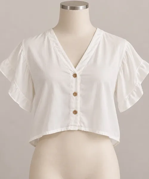 Cropped branca lisa com 3 botões marrons