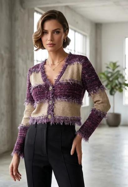 Casaquinho cardigan tweed roxo e dourado