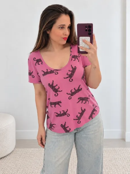 Blusa Rosa Estampa Felinos GG