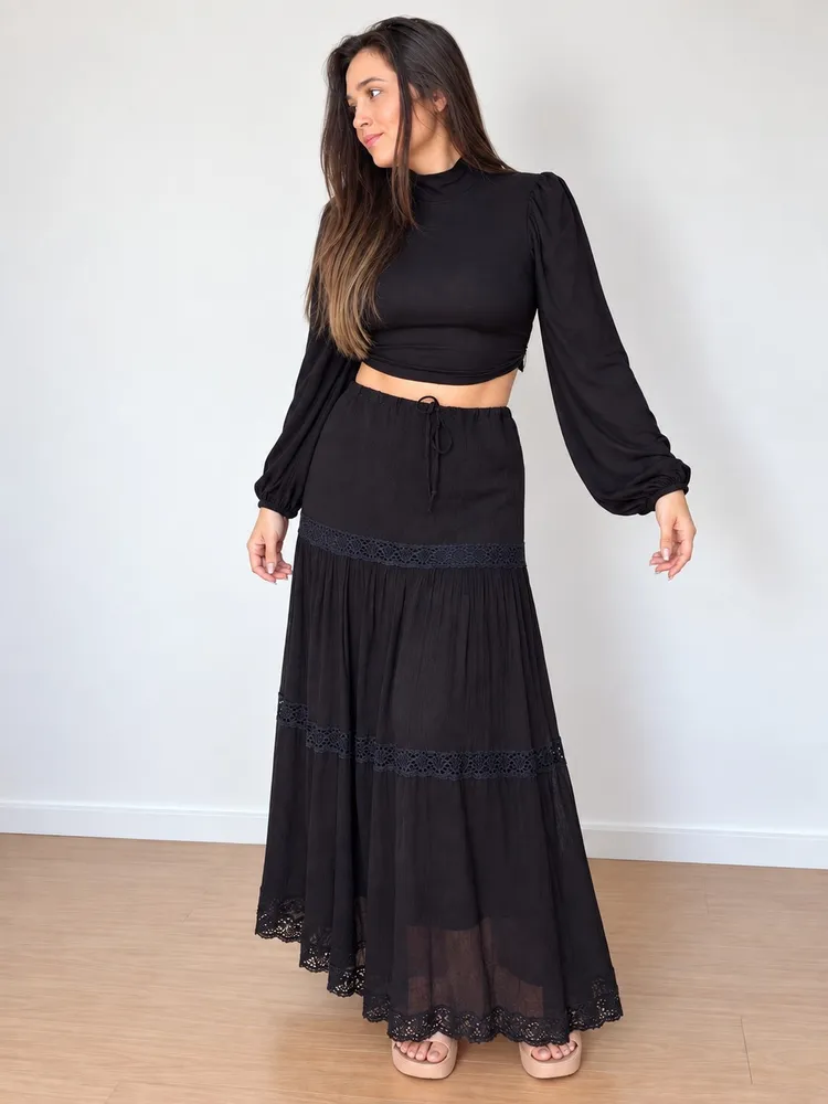 saia longa vintage ampla sandra senamo preta renda
