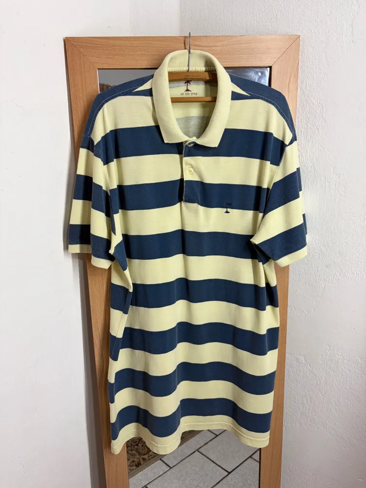 CAMISA MASC. GL. POLO LISTRADA AMARELO & AZUL MG. CURTA