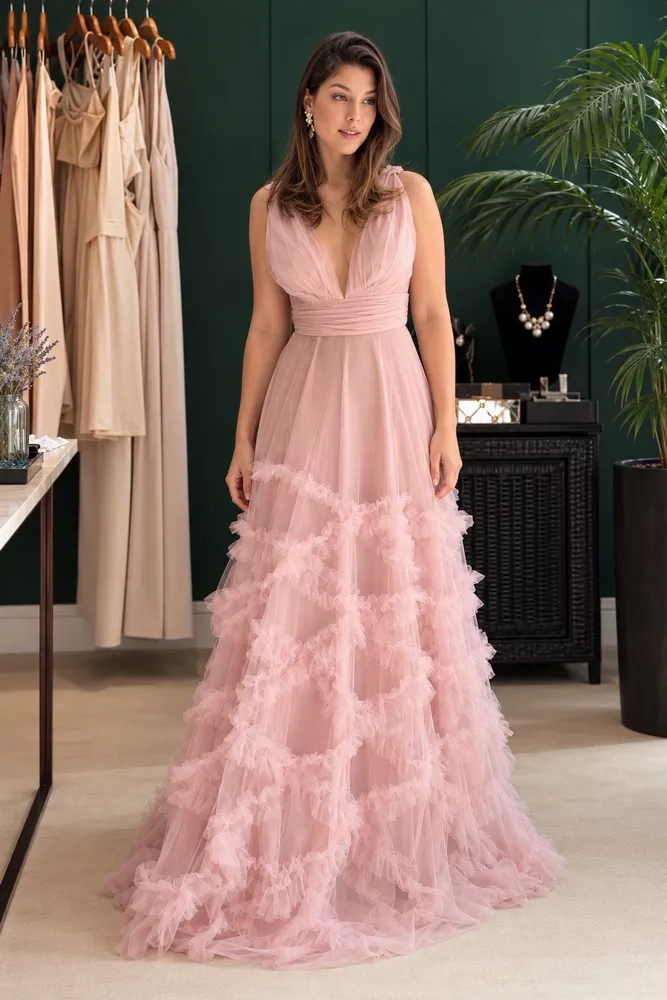 VESTIDO LONGO DE FESTA M. RODARTE ROSA CLARO