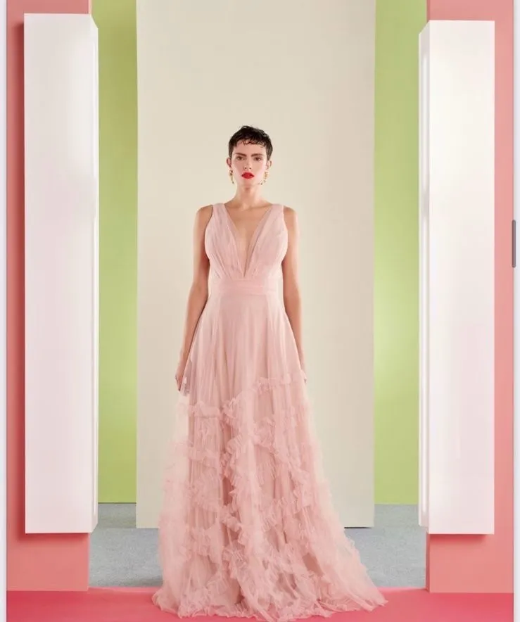 VESTIDO LONGO DE FESTA M. RODARTE ROSA CLARO