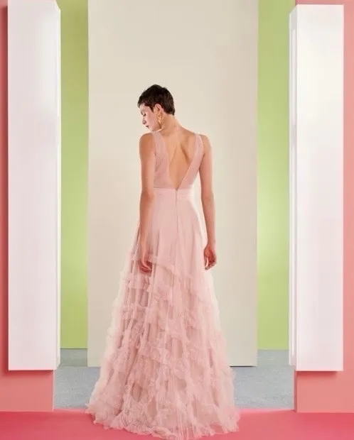 VESTIDO LONGO DE FESTA M. RODARTE ROSA CLARO