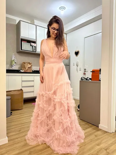 VESTIDO LONGO DE FESTA M. RODARTE ROSA CLARO