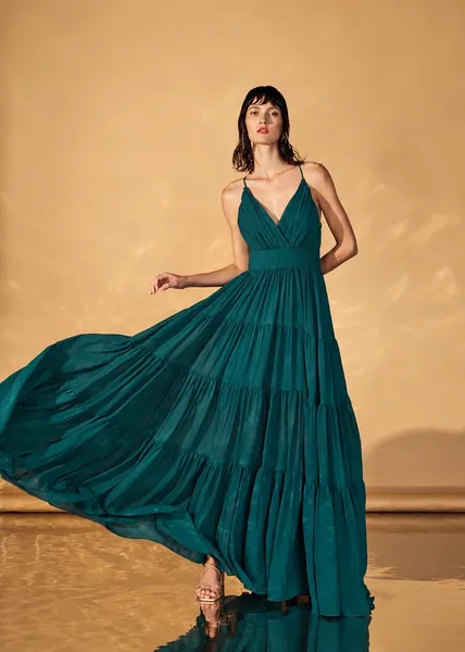 VESTIDO LONGO M. RODARTE VERDE PETRÓLEO