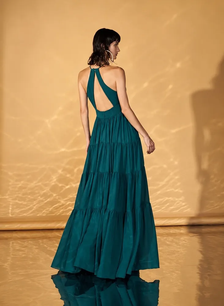 VESTIDO LONGO M. RODARTE VERDE PETRÓLEO
