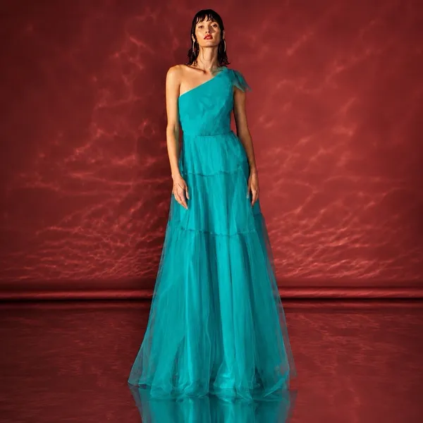 VESTIDO LONGO DE FESTA M.RODARTE AZUL TURQUESA