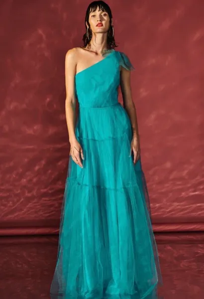 VESTIDO LONGO DE FESTA M.RODARTE AZUL TURQUESA